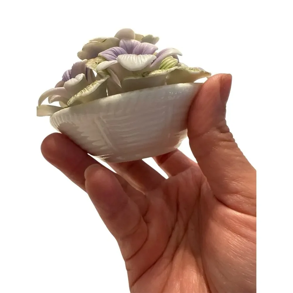 Ceramic Decorative Basket Floral Purple Green White Glossy Round 2.5